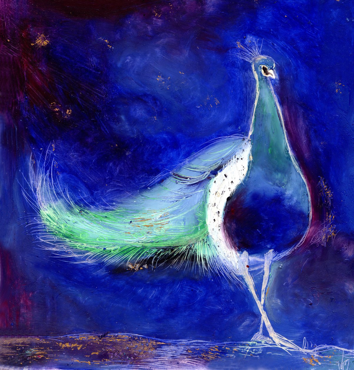 Peacock Blue, 2013, (olej i złoty liść na karcie) autorstwa Nancy Moniz Charalambous