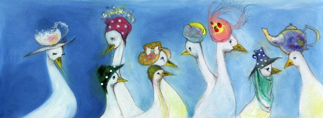 Tea Duck, 2015, (pastele olejne i ołówek na kartonie) autorstwa Nancy Moniz Charalambous