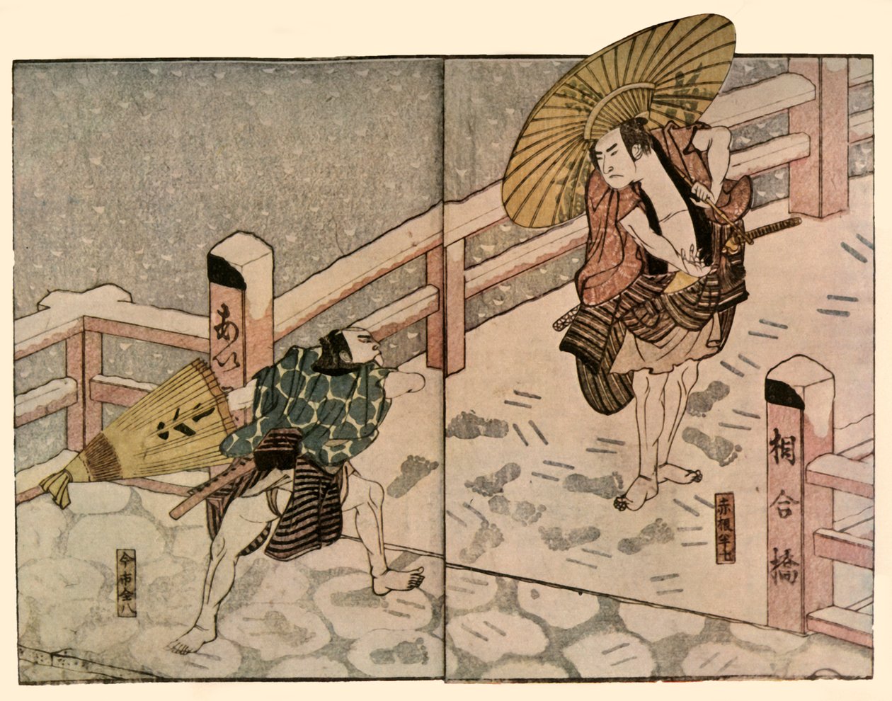 Boso mężczyźni z parasolkami na śniegu, 1811, 1924. autorstwa Naniwa Shunkosai
