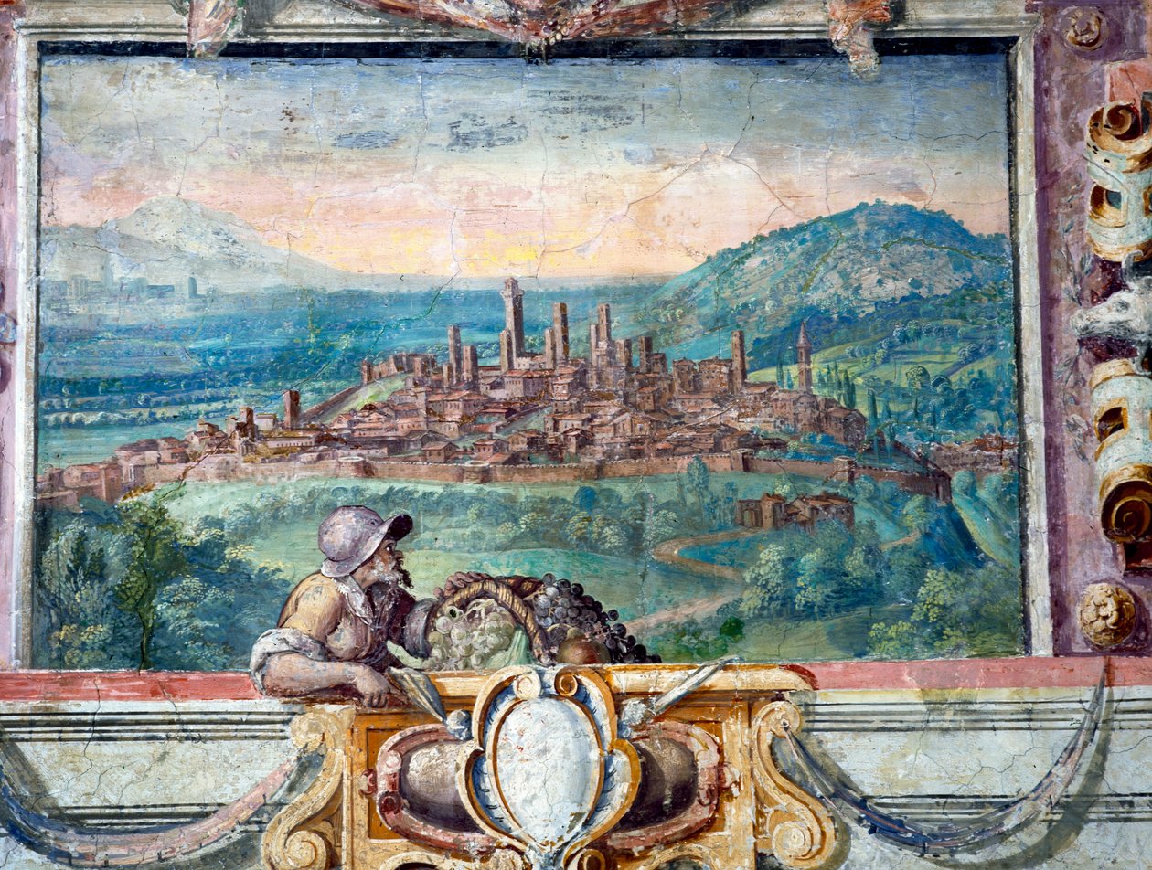 Sypialnia, fragment fryzu przedstawiający miasta pod panowaniem Medyceuszy, San Gimignano, fresk 1564-75 autorstwa Bartolomeo Ammannati