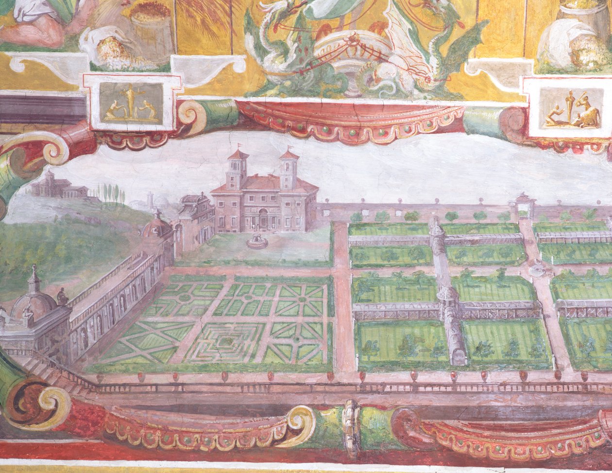 Studiolo Studium Francesco deMedici 1541-87 detal dekoracji sklepienia przedstawiający plan willi i jej ogrodów, 1564-75 fresk autorstwa Bartolomeo Ammannati