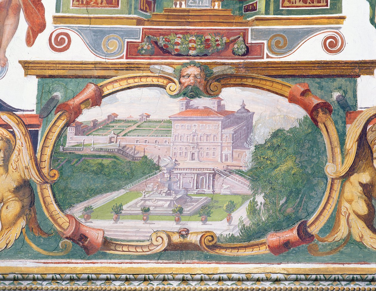 Studiolo Studium Francesco deMedici 1541-87 detal dekoracji fryzu przedstawiającego jedną z willi Medyceuszy, jej ogród i fontannę, 1564-75 fresk autorstwa Bartolomeo Ammannati
