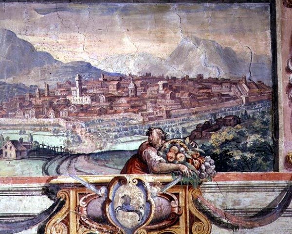 Miegamasis, frizo detalė, vaizduojanti Mediči valdomus miestus, galbūt Volterrapolį autorstwa Nanni di B. Bigio and Bartolomeo Ammannati