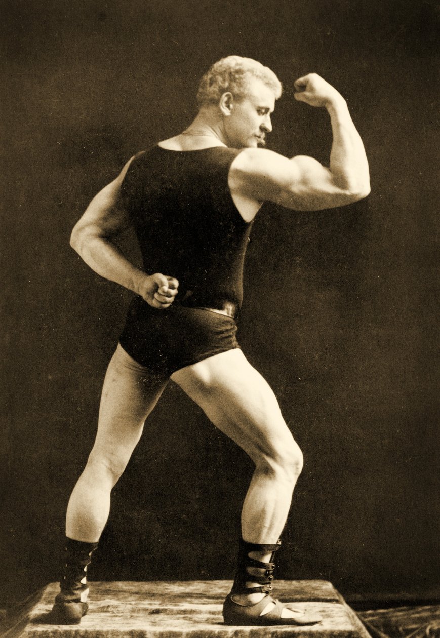 Eugen Sandow, w klasycznej starożytnej pozie grecko-rzymskiej, ok. 1893 r. autorstwa Napoleon Sarony