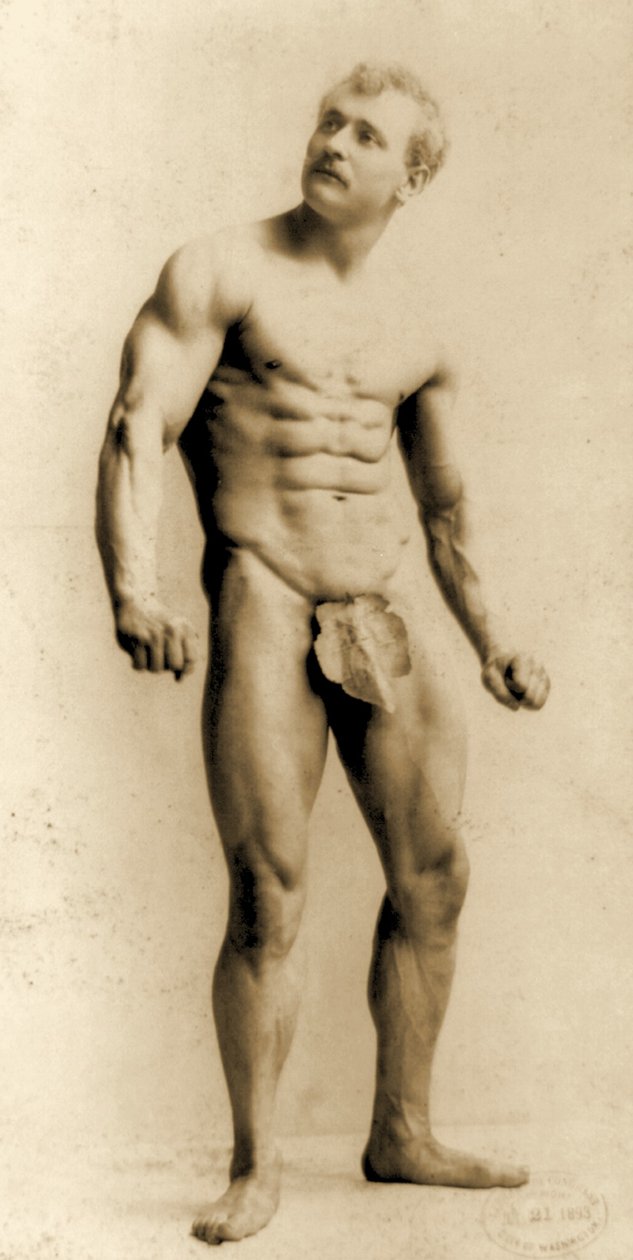 Eugen Sandow, w klasycznej starożytnej pozie grecko-rzymskiej, ok. 1893 r. autorstwa Napoleon Sarony