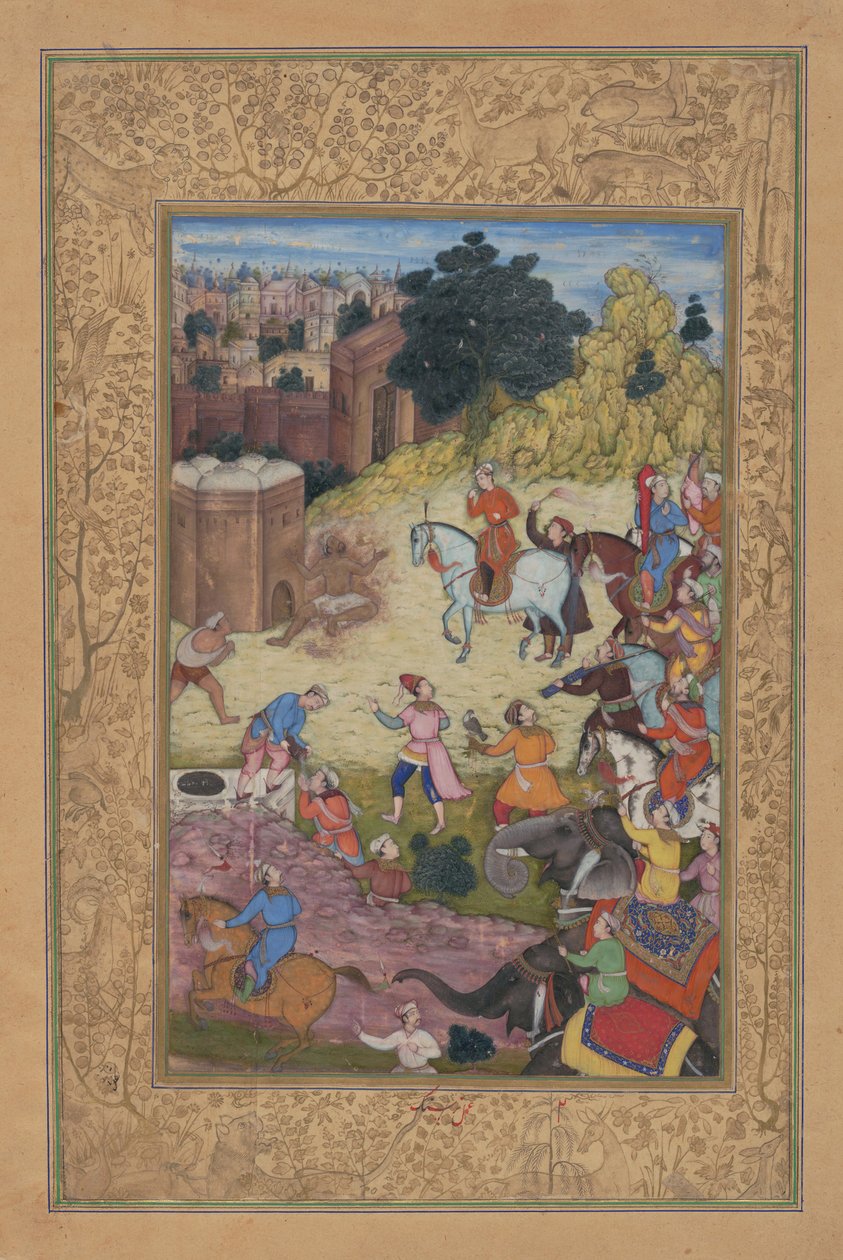 Łaźnia pochłonięta pasją dla ukochanego, Folio z Khamsy..., 1597-98. autorstwa Nar Singh
