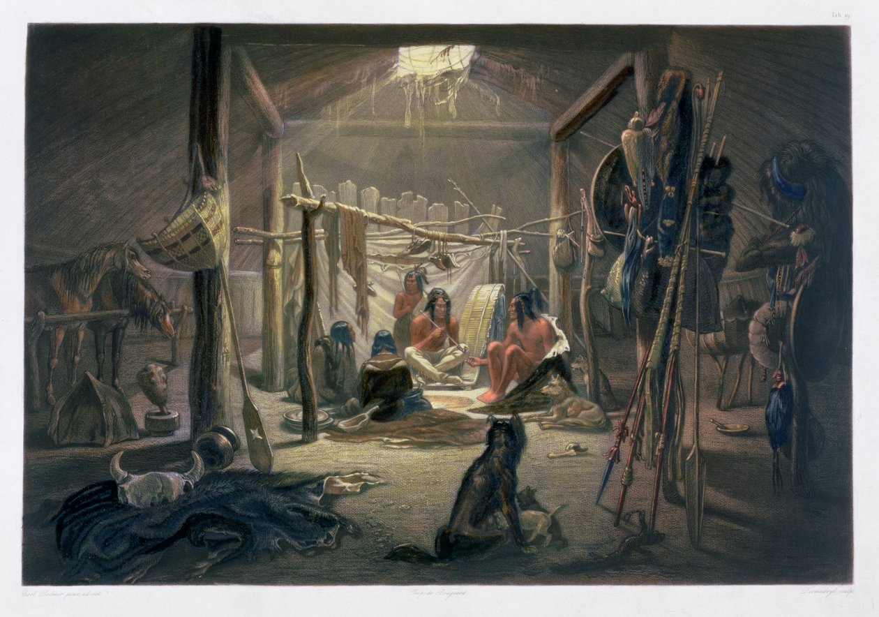 „Wnętrze chaty wodza mandanów”, 1843 autorstwa Narcisse Desmadryl
