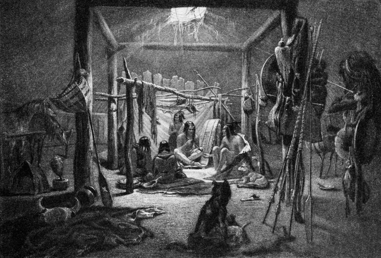 Chata wodza Mandan - (Wnętrze) mieszkania rdzennych Amerykanów autorstwa Narcisse Edmond Joseph Desmadryl