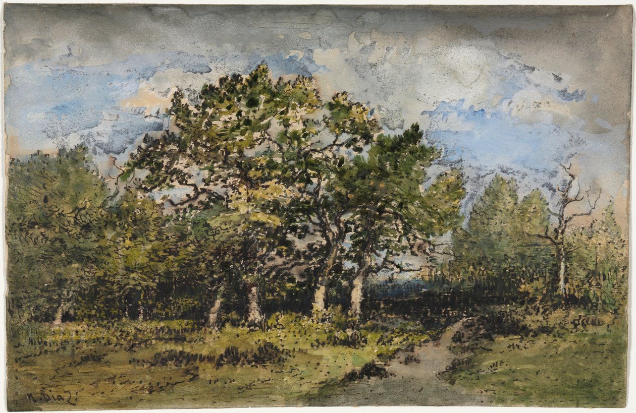 Pejzaż, ok. 1860 (akwarela i gwasz z piórem, brązowym tuszem i grafitem) autorstwa Narcisse Virgile Diaz de la Peña