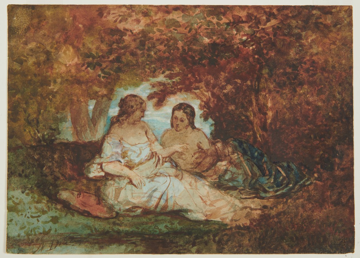 Scena w lesie, ok. 1830-50 (pióro, tusz, akwarela i olej na papierze) autorstwa Narcisse Virgile Diaz de la Peña