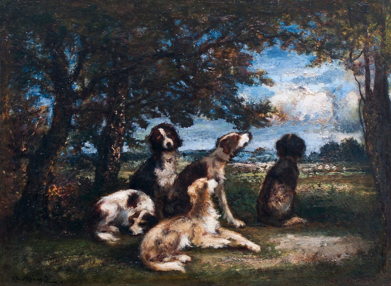 Psy w lesie Fontainebleau (olej na płycie) autorstwa Narcisse Virgilio Diaz de la Peña
