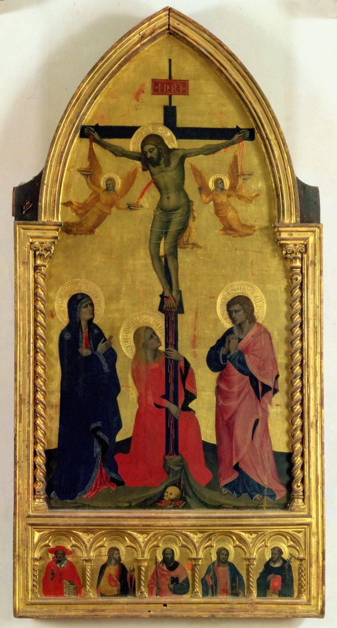 Ukrzyżowanie z żałobnikami i św. Marią Magdaleną, tablica predella przedstawiająca SS. Hieronim, Paweł, Jakub, Piotr i nieznany święty (tempera na panelu) autorstwa Nardo di Cione Orcagna