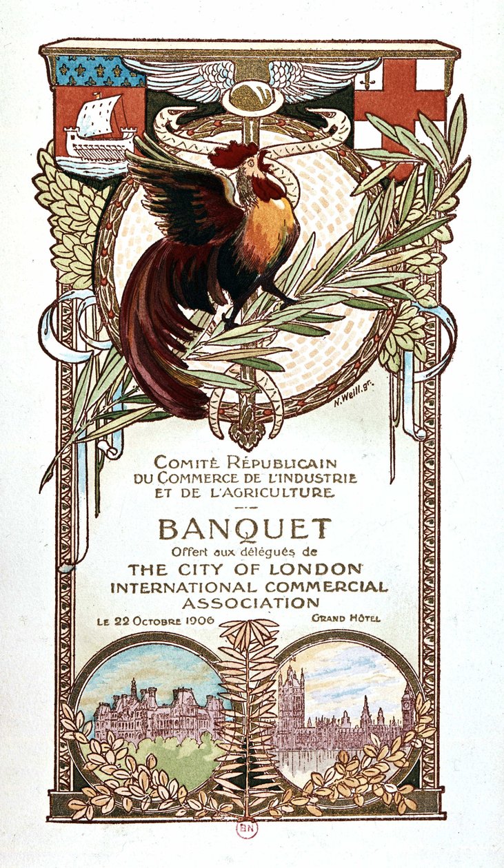 Kogut i pomniki, menu bankietowe Republikańskiej Komisji ds. Handlu, Przemysłu i Rolnictwa ofiarowane 22.11.1906 delegatom międzynarodowego stowarzyszenia handlowego City of London autorstwa Nathan Weill