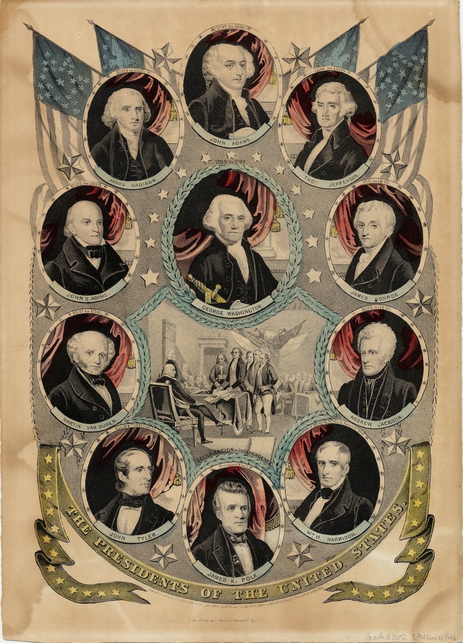 The Presidents of the United States, opublikowane przez N. Currier, Nowy Jork, ok. 1844 r. autorstwa Nathaniel Currier