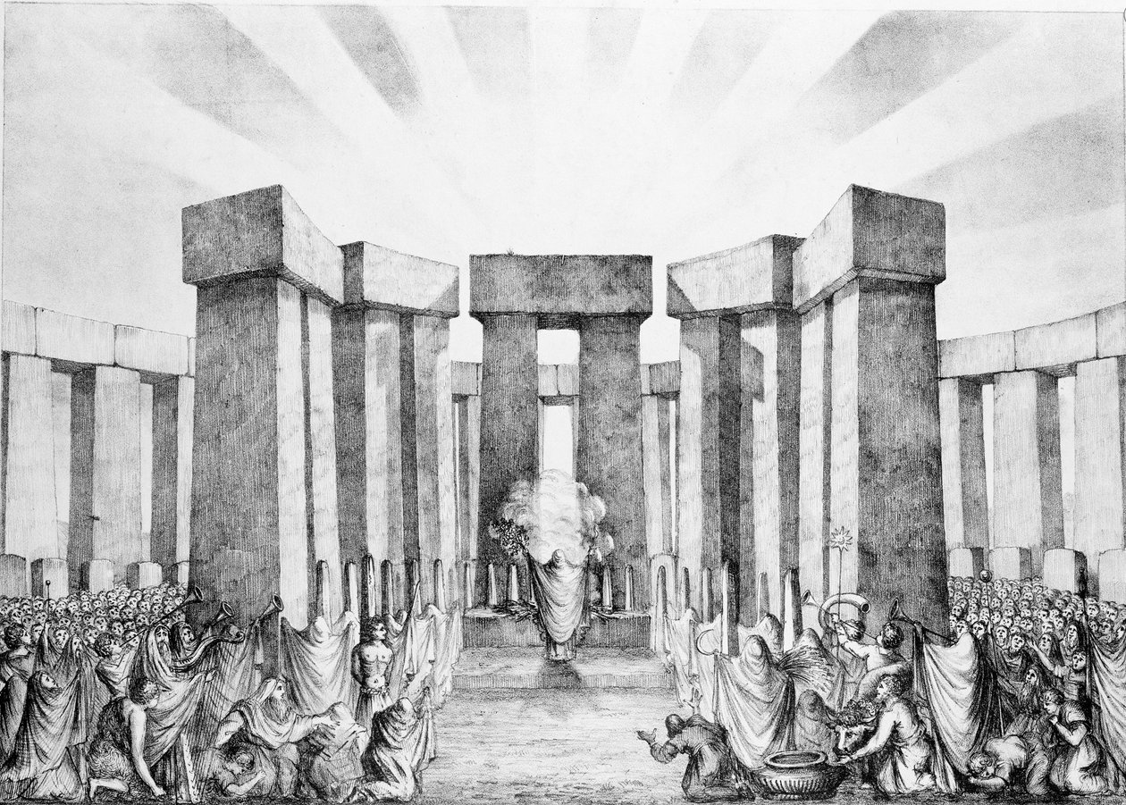 Druidzi poświęcający się Słońcu w swojej Świątyni zwanej Stonehenge, z planu Stonehenge autorstwa dr Stukeleya w Ashmolean Museum w Oksfordzie, grawerowany i pub. przez artystę autorstwa Nathaniel Whittock