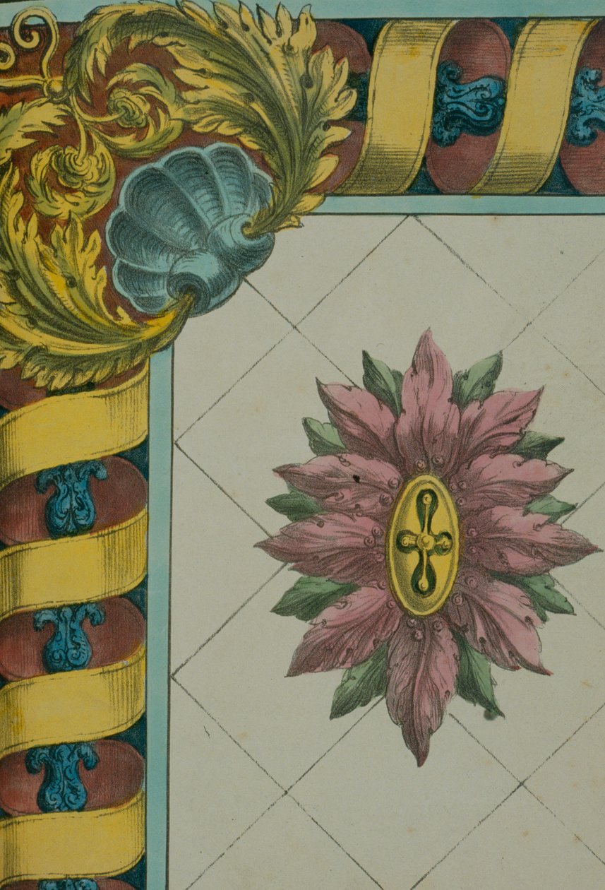 Ozdobny projekt obramowania, strona z „Przewodnika dla malarzy dekoracyjnych i szklarzy i wzorów do dekorowania mieszkań”, opublikowana w 1827 r. autorstwa Nathaniel Whittock