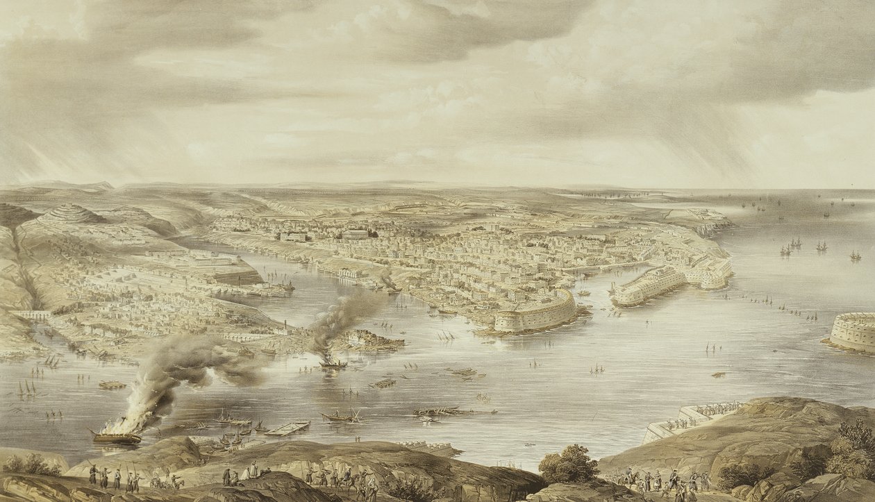 Splamione krwią ruiny Sebastopola, 10 września 1855, rytowane przez Day und Son, opublikowane 1857 autorstwa Nathaniel Whittock