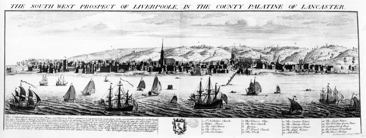 Południowo-zachodnia perspektywa Liverpoolu w hrabstwie Lancaster, 1728 r. autorstwa Nathaniel and Samuel Buck