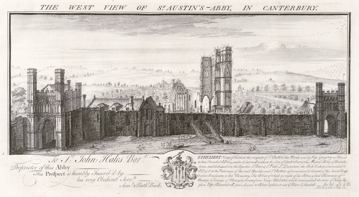 Widok zachodni na opactwo św. Austina w Canterbury, z „Zbioru rycin zamków, opactw itp. w Anglii”, 1735 autorstwa Nathaniel and Samuel Buck