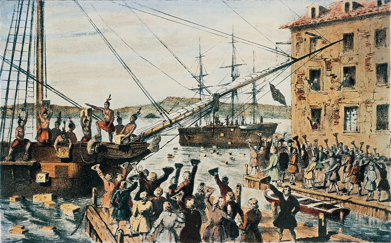 Boston Tea Party, angielskie skrzynie z herbatą wyrzucone za burtę w porcie bostońskim przez kolonistów, 16 grudnia autorstwa Nathaniel (after) Currier