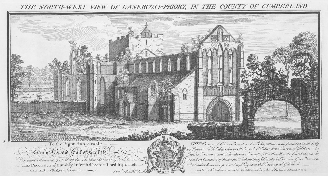 „North West View of Lanercost Priory w hrabstwie Cumberland”, 1739 autorstwa Nathaniel Buck