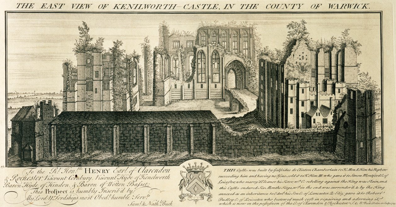 „Wschód na zamek Kenilworth w hrabstwie Warwick”, 1729 autorstwa Nathaniel Buck