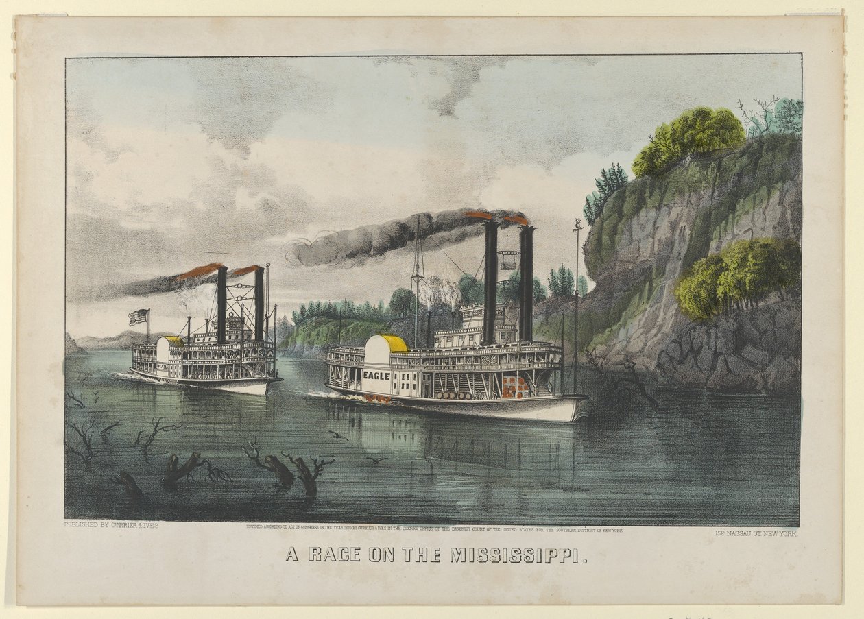 Wyścig na Missisipi, 1870., 1870. Twórcy: Nathaniel Currier, James Merritt Ives, Currier i Ives. autorstwa Currier and Ives
