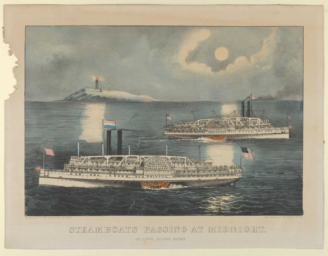 Parowce przechodzące o północy - On Long Island Sound, 1872-74., 1872-74. Twórcy: Nathaniel Currier, James Merritt Ives, Currier i Ives. autorstwa Currier and Ives