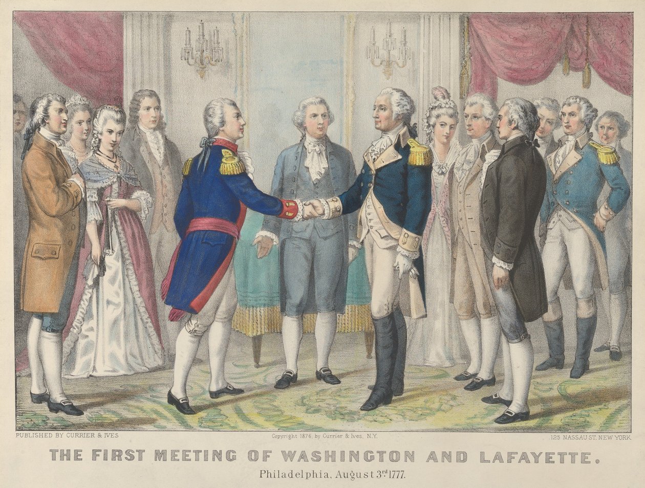 Pierwsze spotkanie Waszyngtonu i Lafayette — Filadelfia, 3 sierpnia 1777, 1876, 1876. Twórcy: Nathaniel Currier, James Merritt Ives, Currier i Ives. autorstwa Currier and Ives