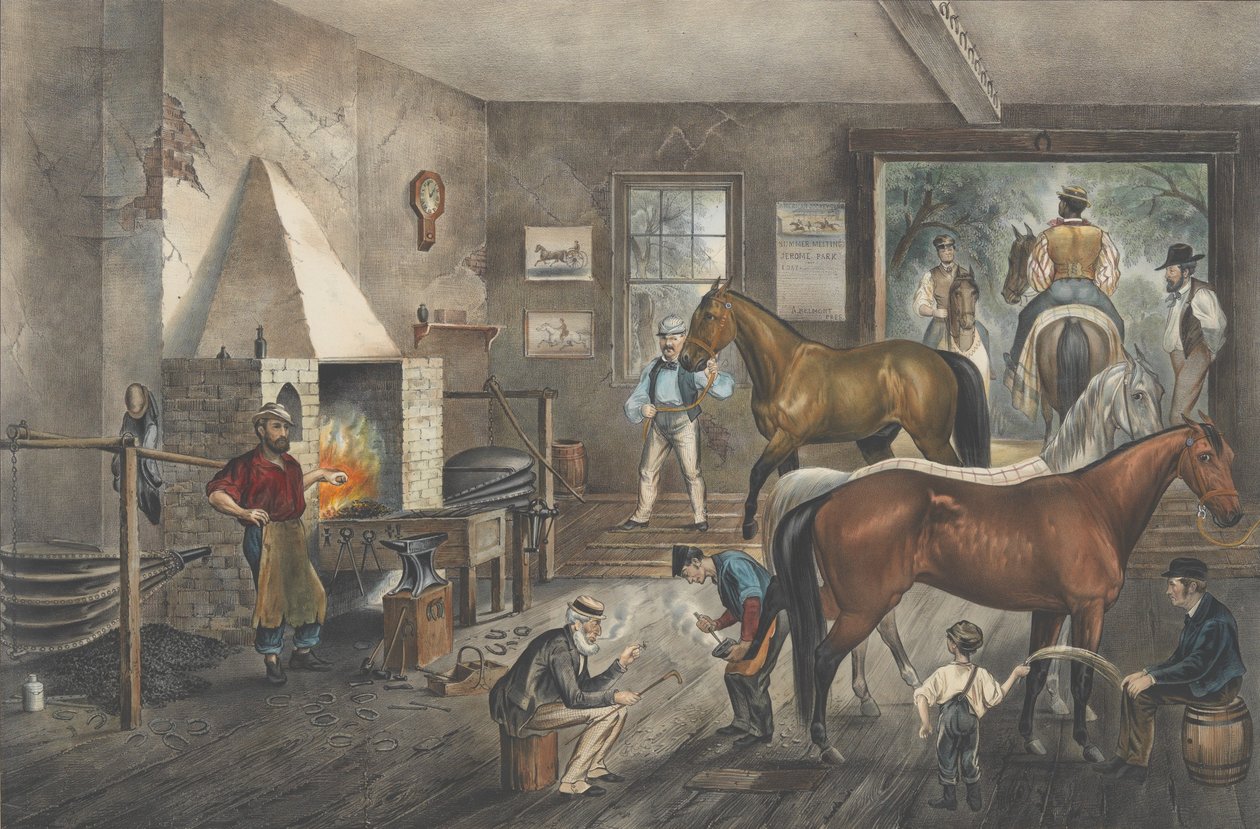 Trotting Cracks at the Forge, 1869., 1869. Twórcy: Nathaniel Currier, James Merritt Ives, Currier and Ives. autorstwa Currier and Ives