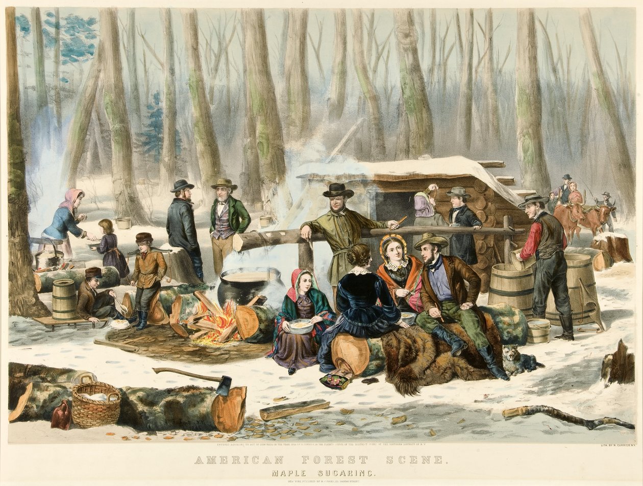 Amerykańska Scena Leśna - Słodzenie Klonu, wyd. 1855 autorstwa Nathaniel Currier