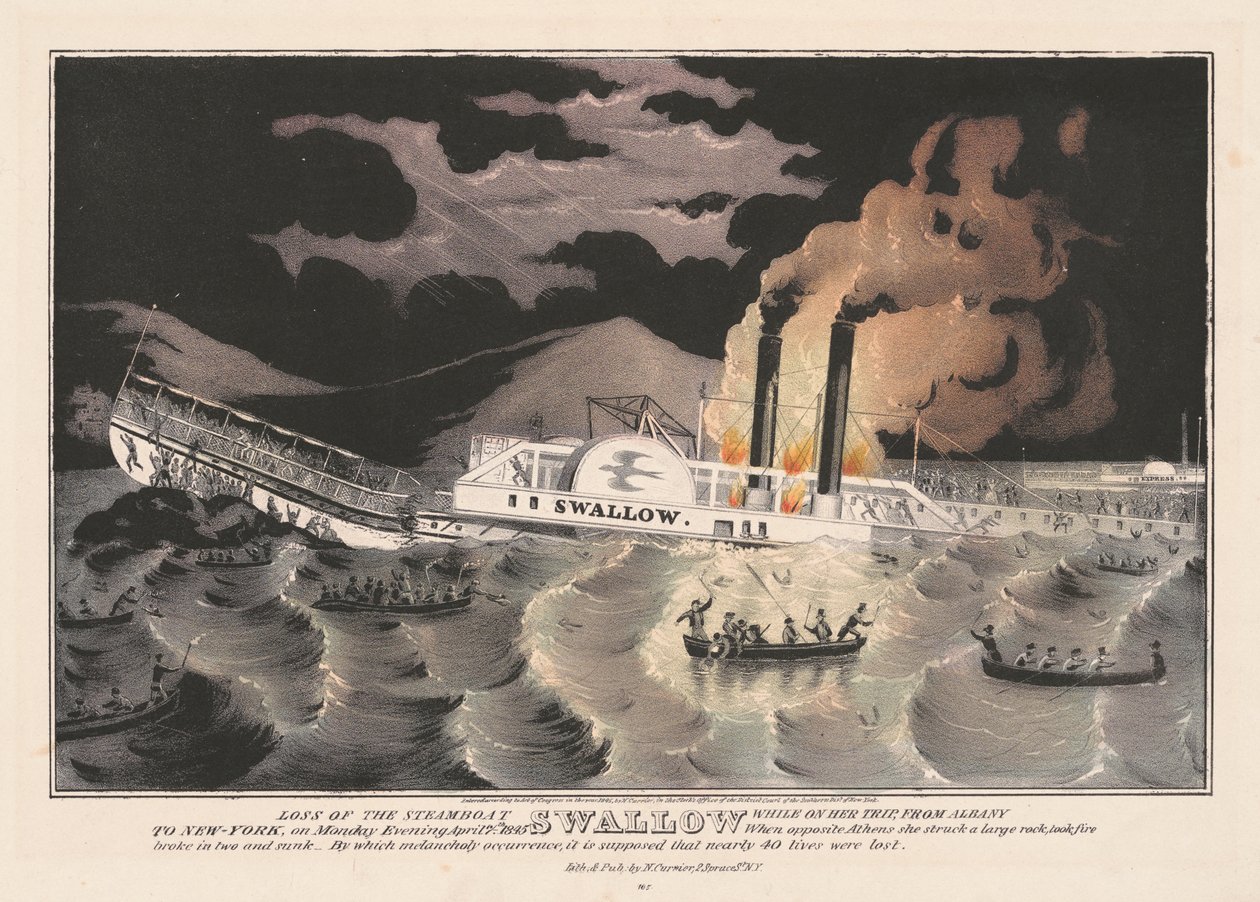 Utrata parowca "Swallow" podczas podróży z Albany do Nowego Jorku, 1845 r. autorstwa Nathaniel Currier