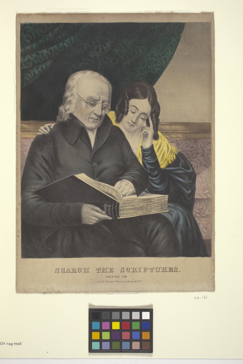 Przeszukaj Pismo Święte (litografia ręcznie kolorowana) autorstwa Nathaniel Currier