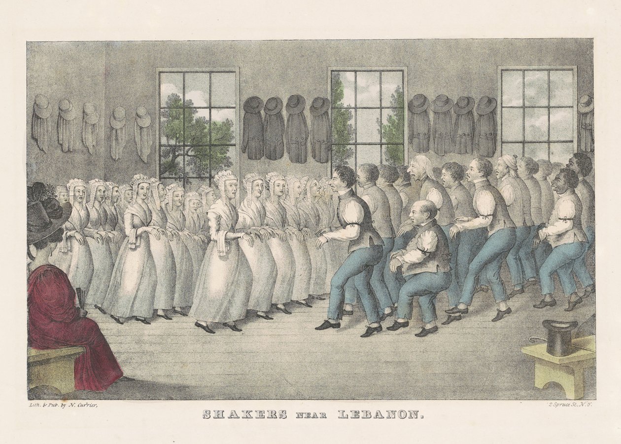 Shakers koło Lebanon, ok. 1830 (litografia ręcznie kolorowana) autorstwa Nathaniel Currier