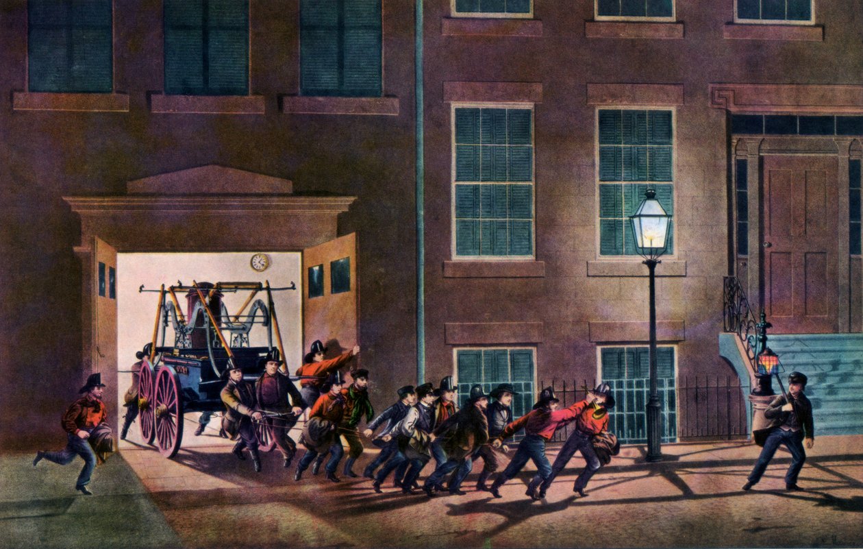 Alarm nocny, Życie strażaka, 1854. autorstwa Nathaniel Currier