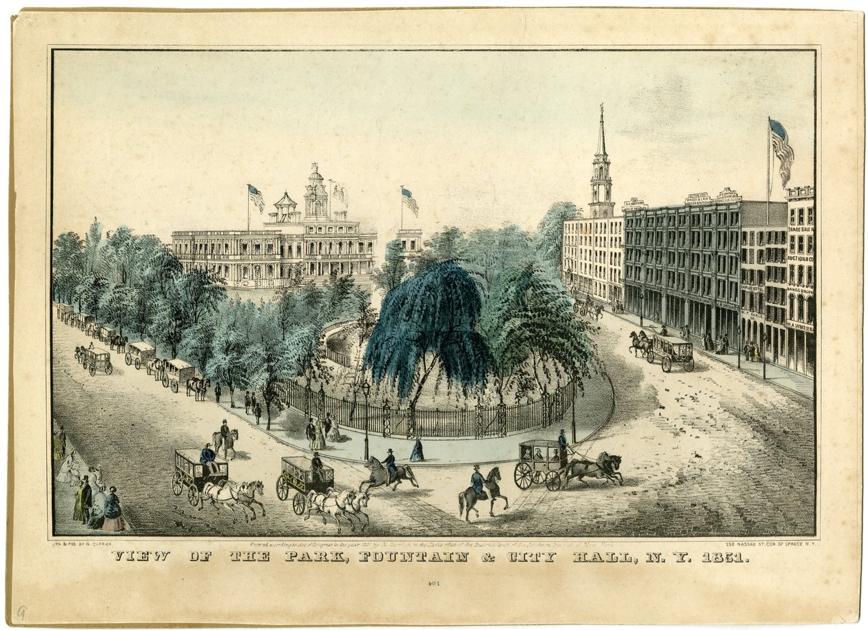 Widok na park, fontannę i ratusz, Nowy Jork 1851, 1851 autorstwa Nathaniel Currier