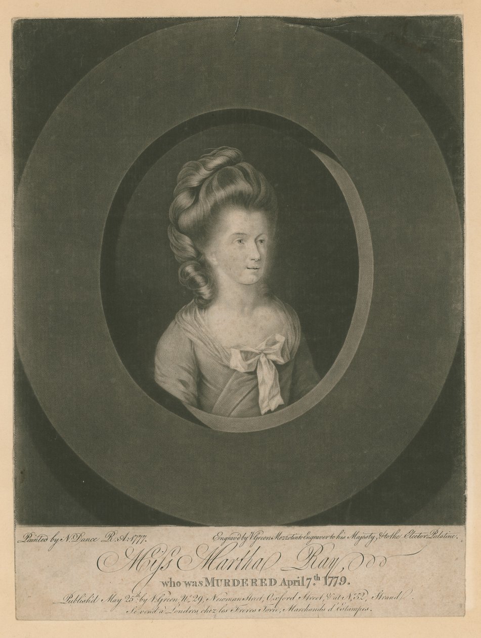 Martha Ray, piosenkarka, która została zamordowana przez żołnierza Jamesa Hackmana 7 kwietnia 1779 r. (rycina) autorstwa Nathaniel Dance