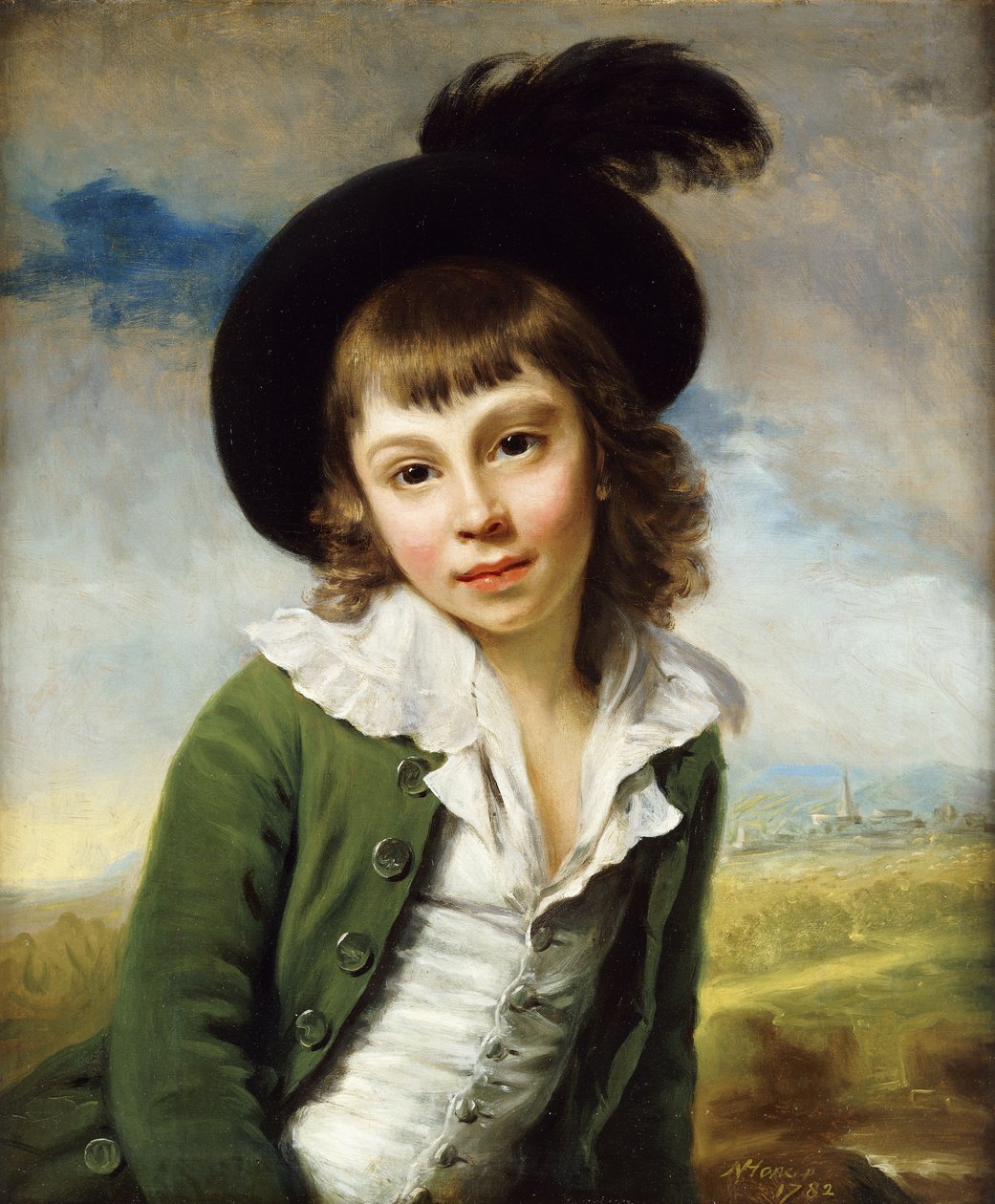„Zielony chłopiec”: portret chłopca do połowy długości, w zielonym płaszczu i czarnym kapeluszu z pióropuszem z piór, 1782 autorstwa Nathaniel Hone