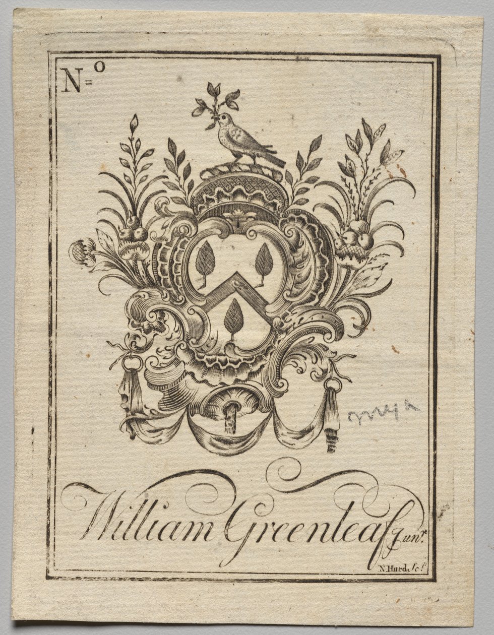 Ekslibris: herb z inskrypcją William Greenleaf Jun.r autorstwa Nathaniel Hurd