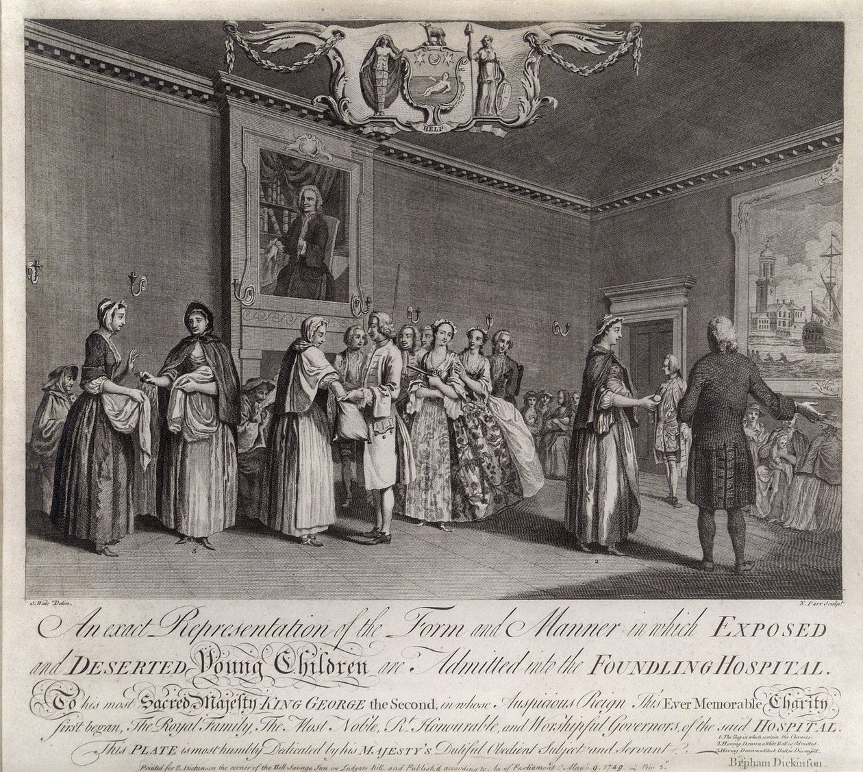 Dokładne przedstawienie formy i sposobu, w jaki narażone i opuszczone małe dzieci są przyjmowane do szpitala Foundling Hospital, 1749 r. autorstwa Nathaniel Parr