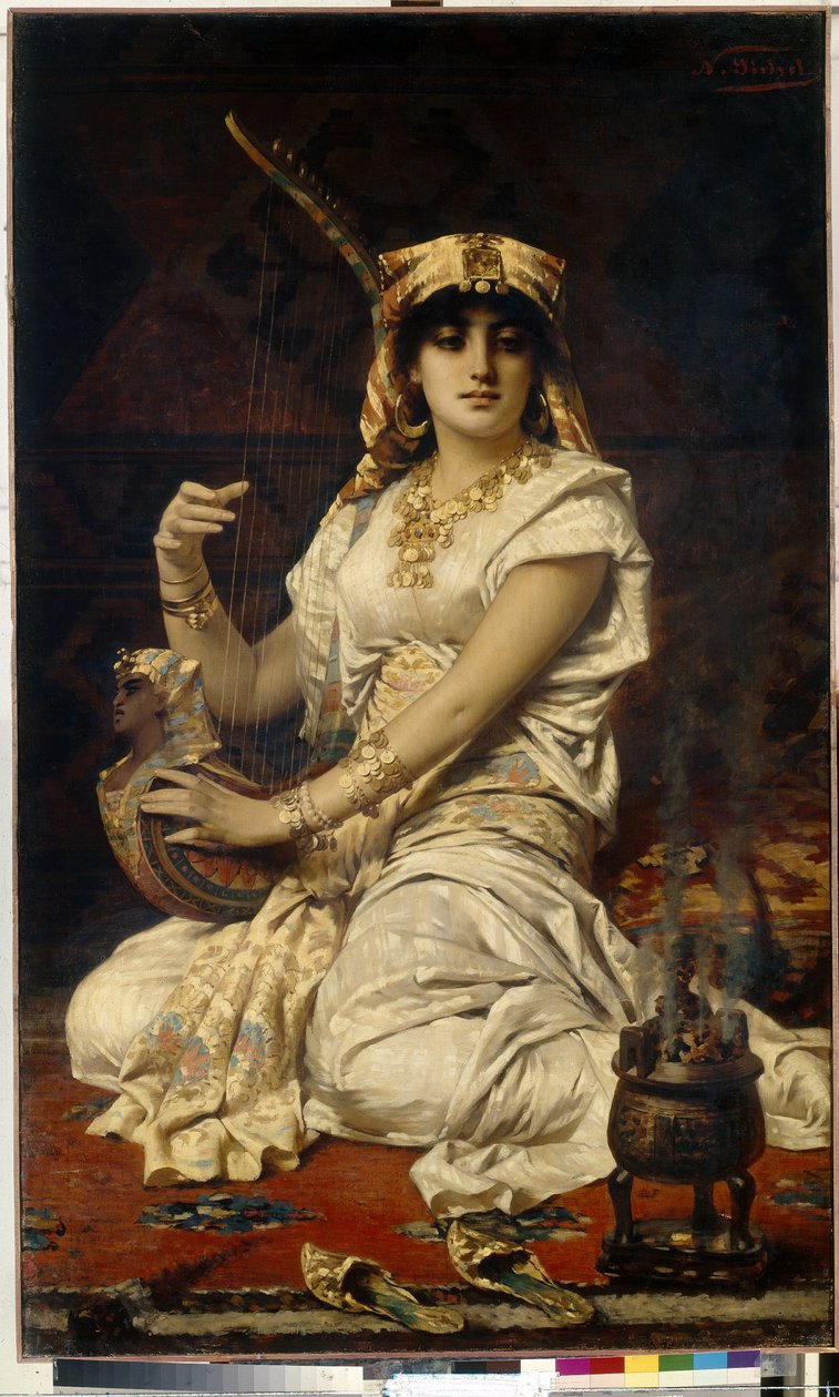 Almee (Almee). Portret pięknej, wykształconej i wykształconej kobiety grającej muzykę, ubranej w strój egipski. Obraz Nathaniela Sichela (1843-1907), olej na płótnie autorstwa Nathaniel Sichel
