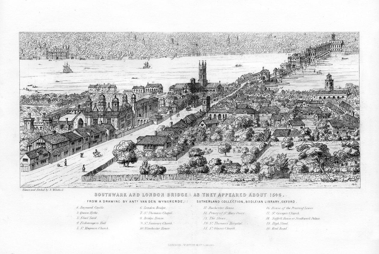 Southwark i London Bridge, gdy pojawiły się około 1546, c1860. autorstwa Nathaniel Whittock