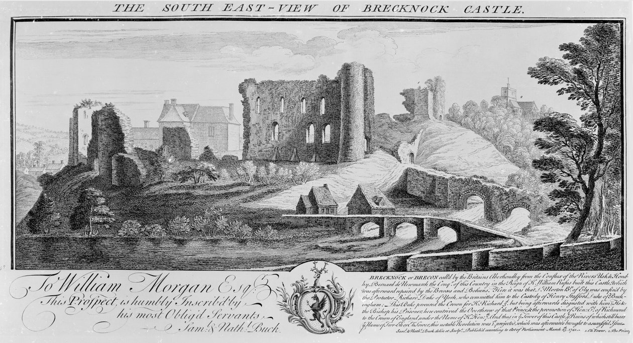 Widok południowo-wschodni zamku Brecknock, 1741 autorstwa Nathaniel and Samuel Buck