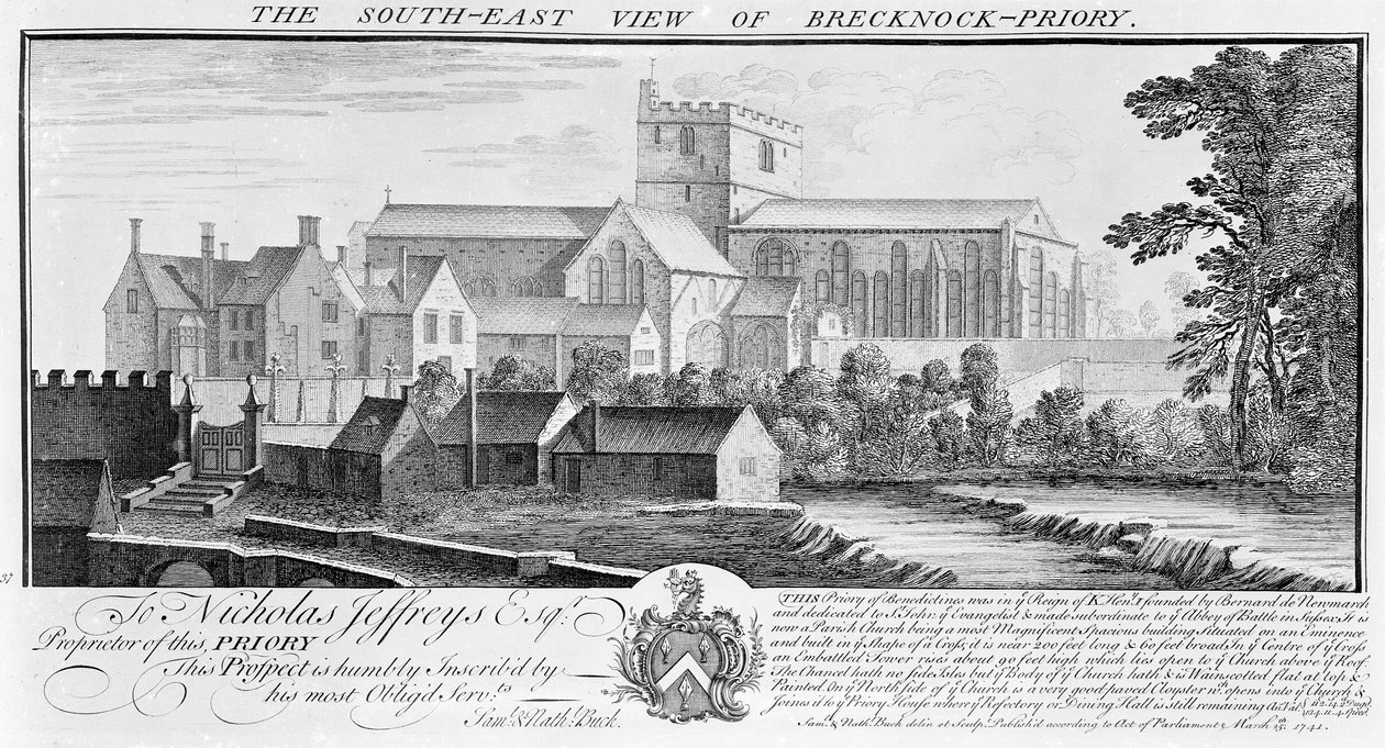 Widok południowo-wschodni klasztoru Brecknock, 1741 autorstwa Nathaniel and Samuel Buck