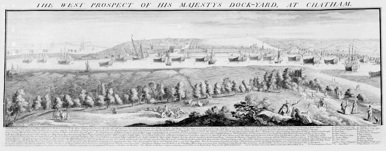 Zachodnia perspektywa stoczni Jego Królewskiej Mości w Chatham, 1738 autorstwa Nathaniel and Samuel Buck