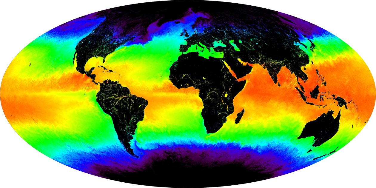 Źródło Zdjęcie dzięki uprzejmości: MODIS Ocean Group, NASA GSFC i University of Miami: temperatura powierzchni morza pokazana na obrazie w sztucznych kolorach. złożony z jednego miesiąca na maj 2001 r. Kolor czerwony i żółty oznacza ciepło autorstwa National Aeronautics and Space Administration National Aeronautics and Space Administration