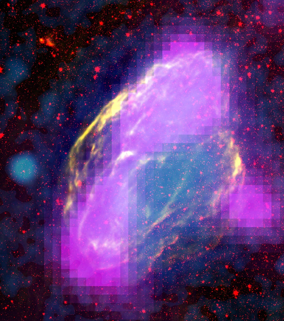 Obszary emisji promieniowania gamma GeV (magenta) w pozostałości po supernowej W44. Cechy wyraźnie dopasowują się do włókien o innych długościach fal. Złożona, łącząca promieniowanie rentgenowskie (niebieski) misja ROSAT, podczerwień (czerwona) NASA. Nauka autorstwa National Aeronautics and Space Administration National Aeronautics and Space Administration