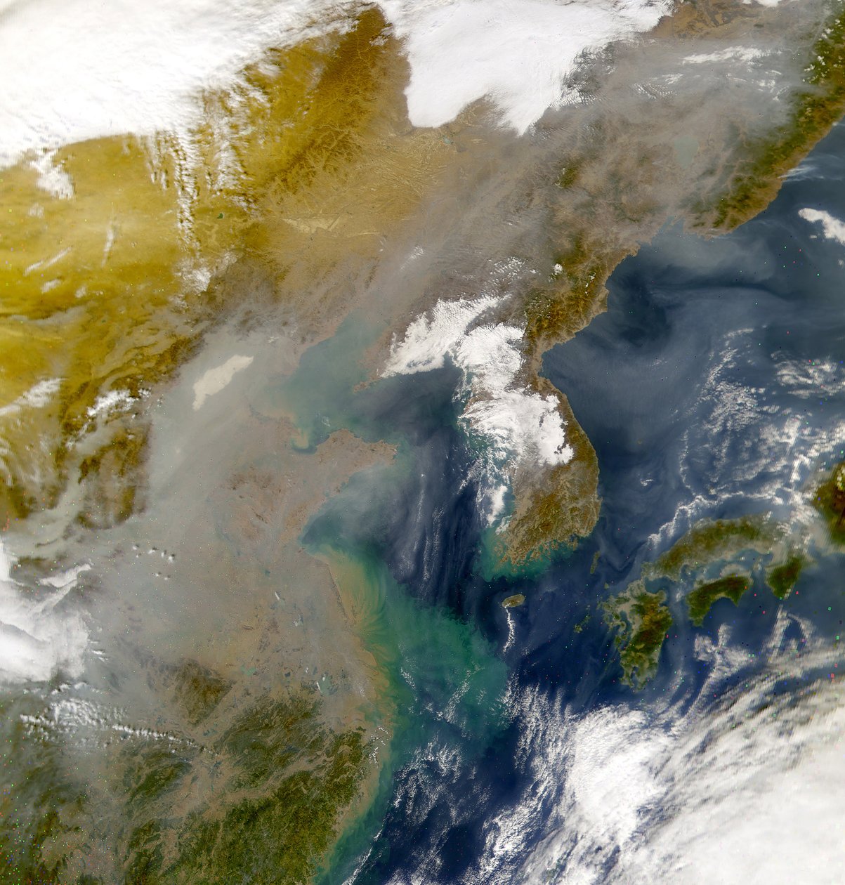 Korea i Morze Japońskie zasłonięte wirami zanieczyszczeń na tym zdjęciu wykonanym przez Sea-viewing Wide Field-of-view Sensor (SeaWiFS) 23 listopada 2001 r. Źródło: NASA. Nauka Geologia Ziemi autorstwa National Aeronautics and Space Administration National Aeronautics and Space Administration