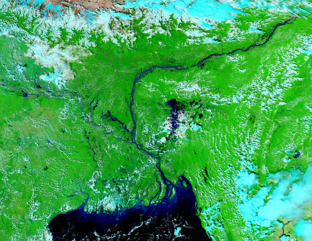 Zdjęcie satelitarne, 5 października 2002, przedstawiające podmokłe niziny w Indiach i Bangladeszu. Jasnoniebieski to rzeki, jeziora i zalane tereny. Środkowy pierwszy plan ciemnego obszaru to Zatoka Bengalska. Kredyt NASA. autorstwa National Aeronautics and Space Administration National Aeronautics and Space Administration