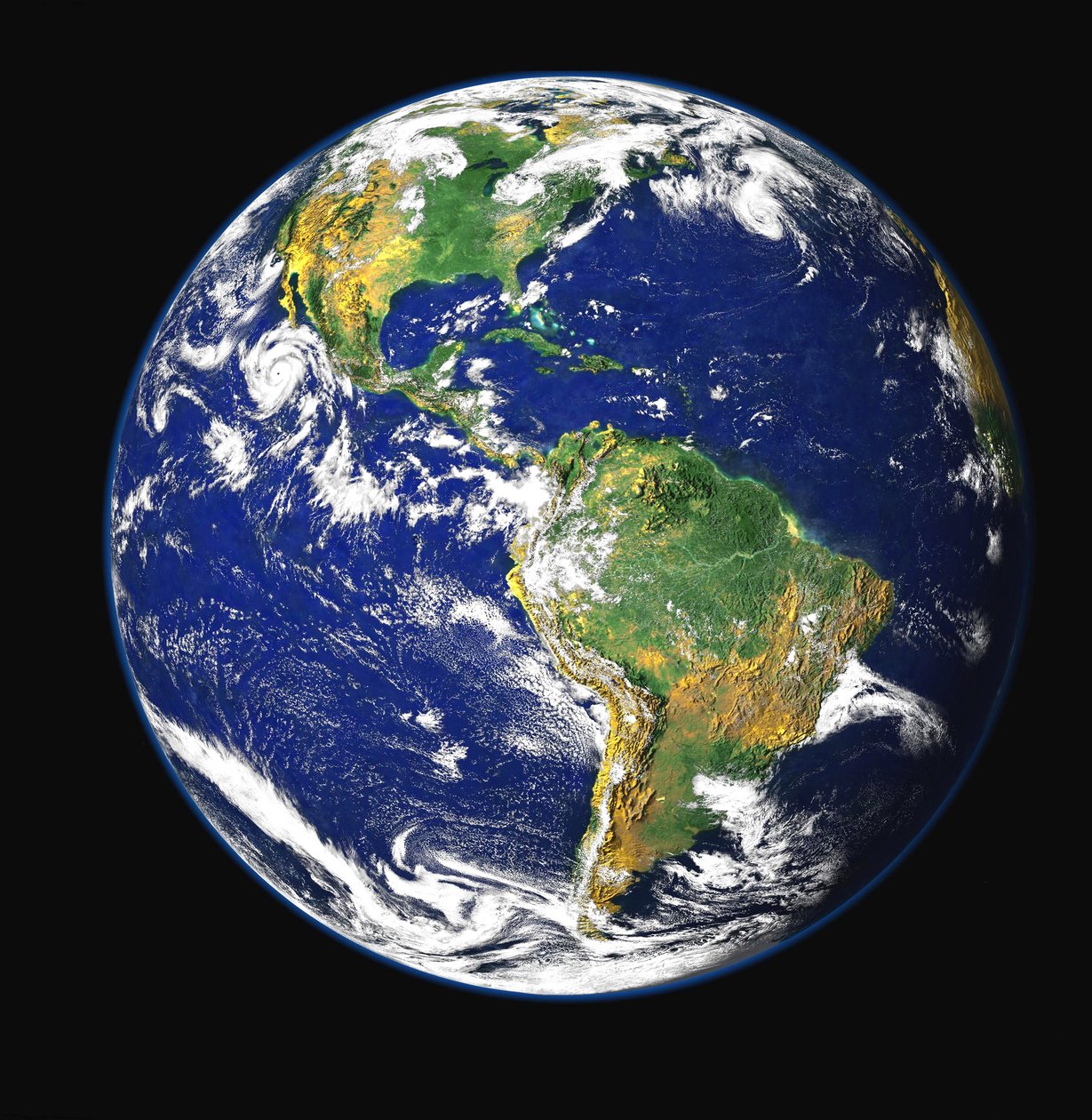 Widok satelitarny Ameryki Północnej, Środkowej i Południowej, pomiędzy Oceanem Spokojnym i Atlantykiem. Źródło: NASA. Nauka Ziemia Geologia Oceanografia autorstwa National Aeronautics and Space Administration National Aeronautics and Space Administration